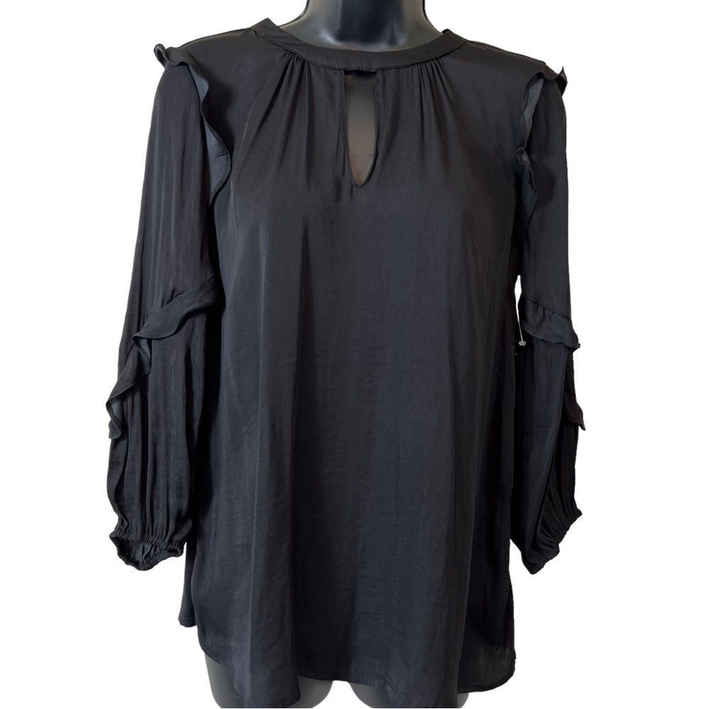 Anthropologie Dolan Black Satin Ruffle Blouse Top